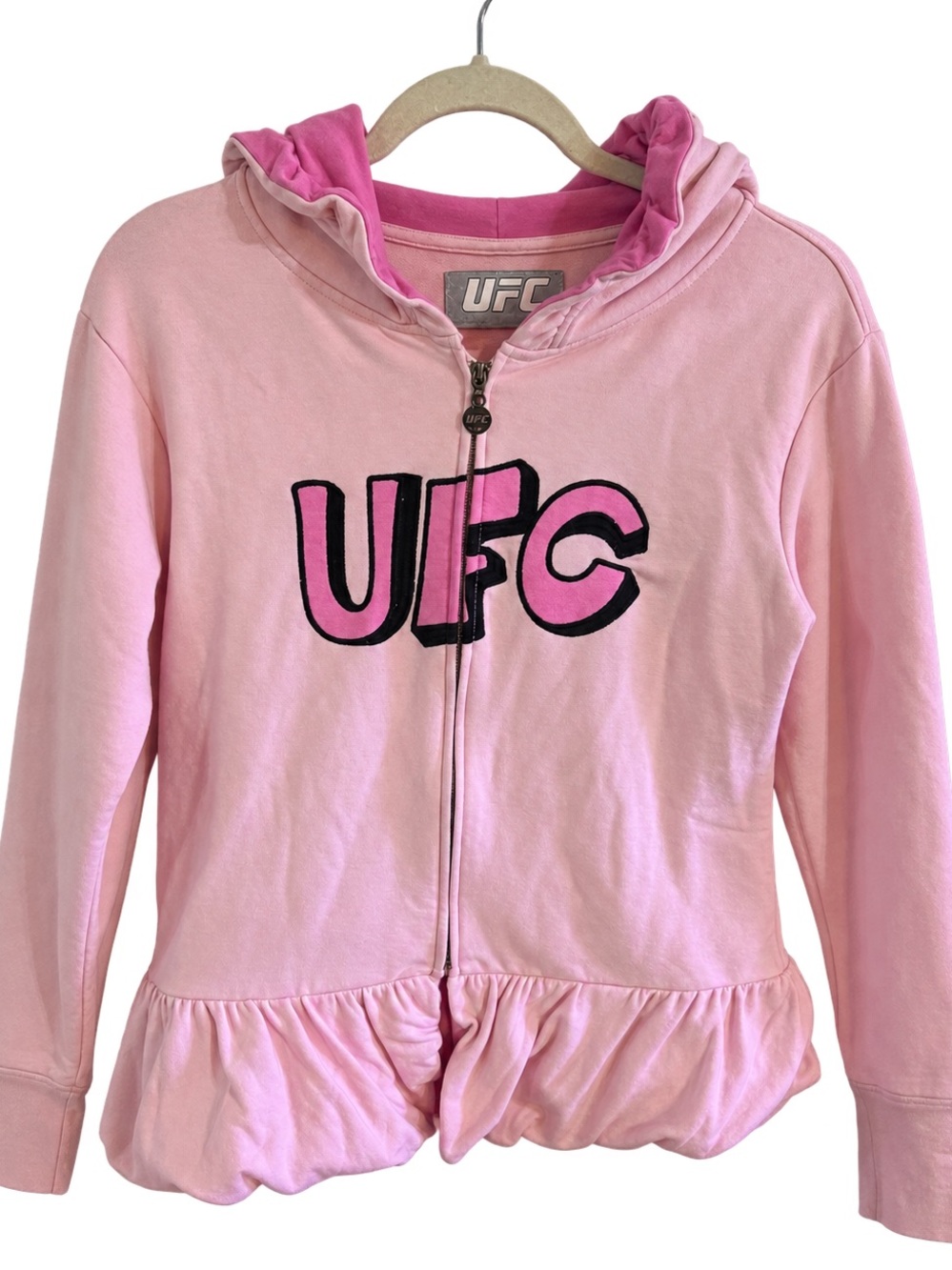 UFC Womens Pink Full Zip Hoodie Large Embroidered Logo Ruffle Y2K MMA Jacket